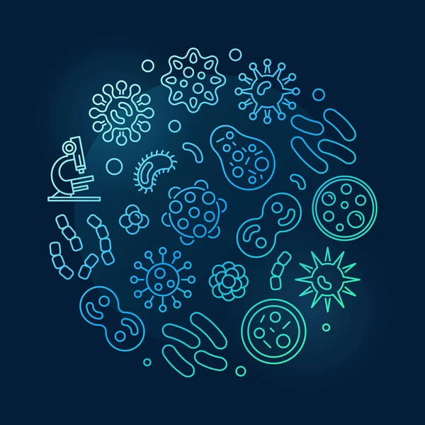 Bacterias símbolo azul redondo hecho con iconos de virus lineales — Vector de stock