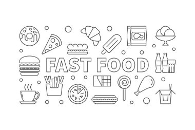 Fast food anahat yatay banner. Vektör çizim