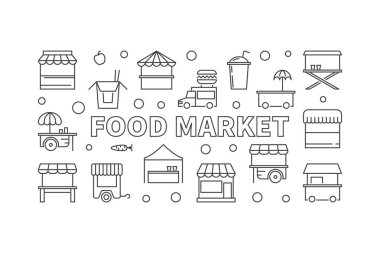 Gıda pazarı yatay banner. Vektör sokak gıda çizim