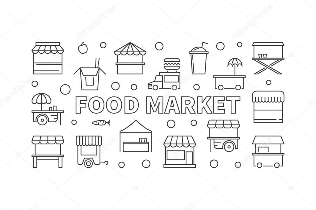Food market horizontal banner. Vector street food minimal illustration in line style on white background