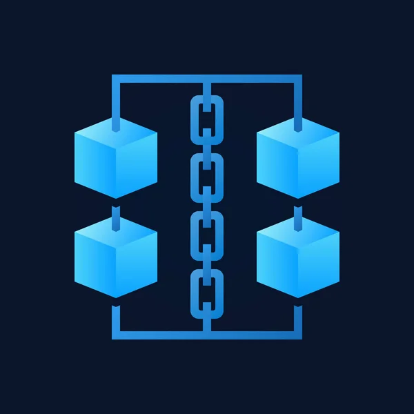 Cubos azules con icono de la cadena - vector blockchain signo — Vector de stock