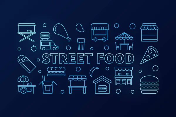Street Food blaues horizontales Banner. Vektorskizze Illustration — Stockvektor