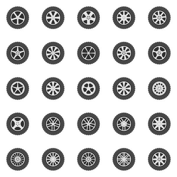 Wiel pictogrammen instellen. Vector platte auto wielen schijven tekenen — Stockvector