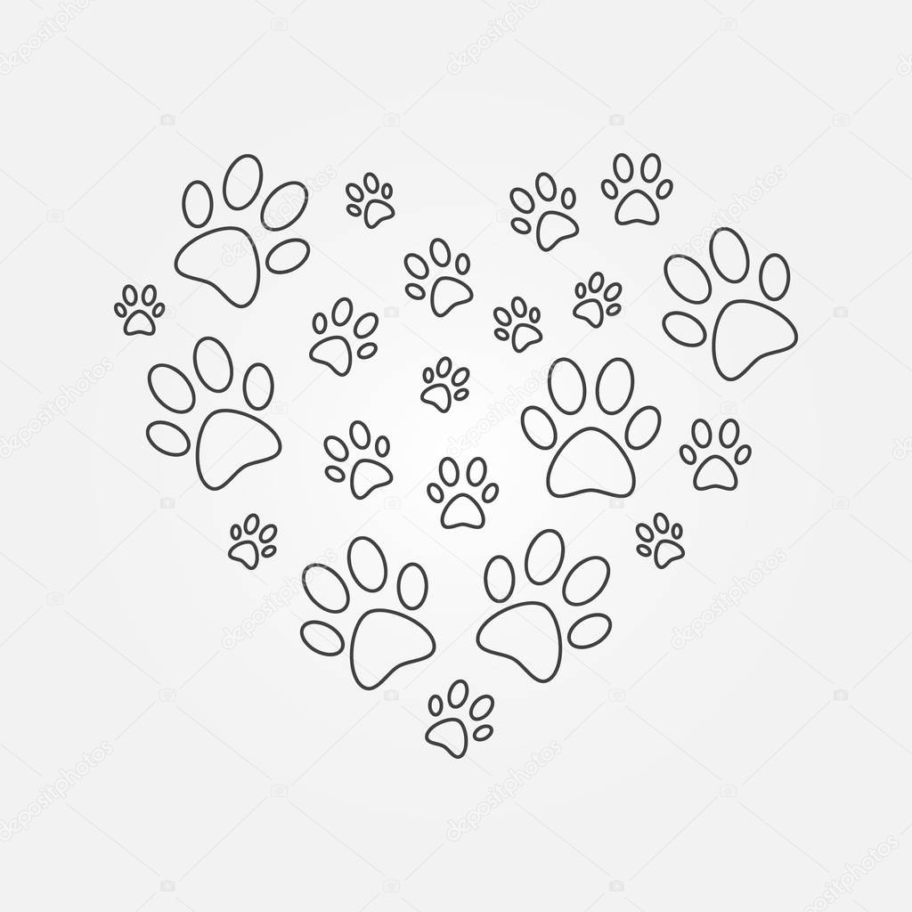 Heart with dog paw prints outline vector illustration