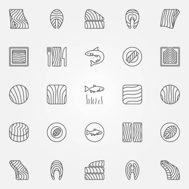 Somon Icons set. Vektör alabalık ve somon balığı biftek sembolleri