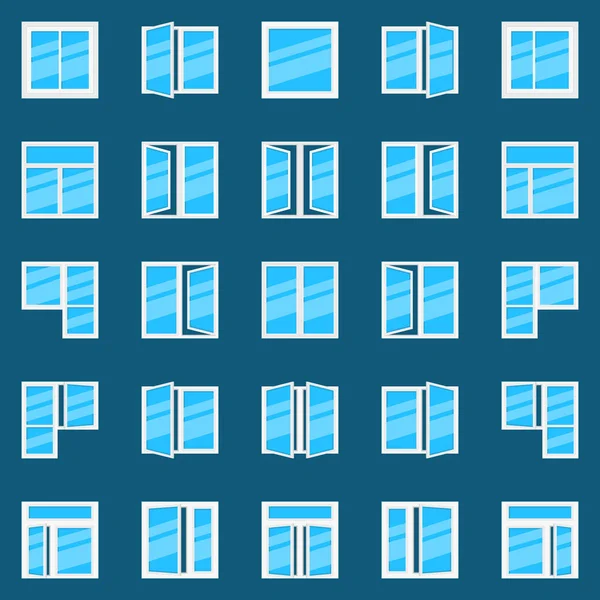 Janela ícones planos. Conjunto de vetores de símbolos de janelas de plástico — Vetor de Stock