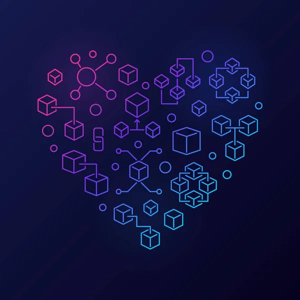 Blockchain conceito colorido coração vetor brilhante em estilo de linha — Vetor de Stock