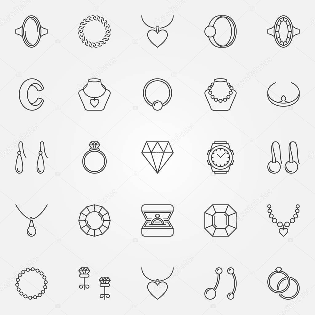 Jewelry icons set - vector collection of diamond, rings, bracelet, earrings, necklace, and other jewel outline signs or logo elements