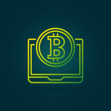 Bitcoin madeni para ile dizüstü yeşil vektör satırı simgesi veya logosu