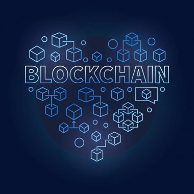 Blockchain teknoloji mavi kalp. Blok zincir vektör işareti seviyorum