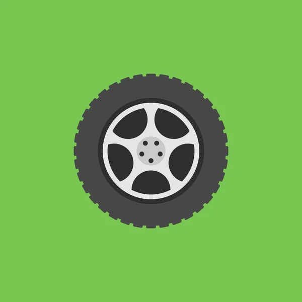 Vector platt bil hjul med däck ikon på grön bakgrund — Stock vektor