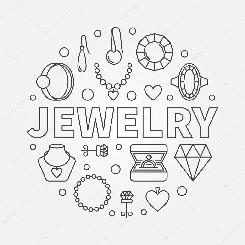 Vector Jewelry round illustration made with diamond, earring, ring, necklaces outline icons