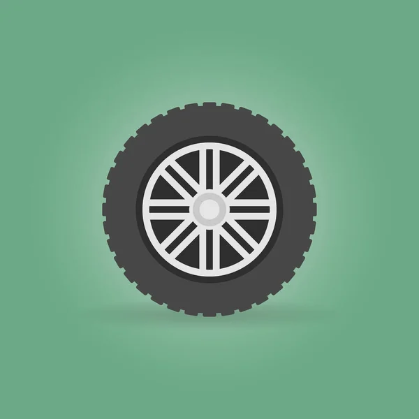 Car wheel with tyre vector modern flat icon on green background — Stock Vector