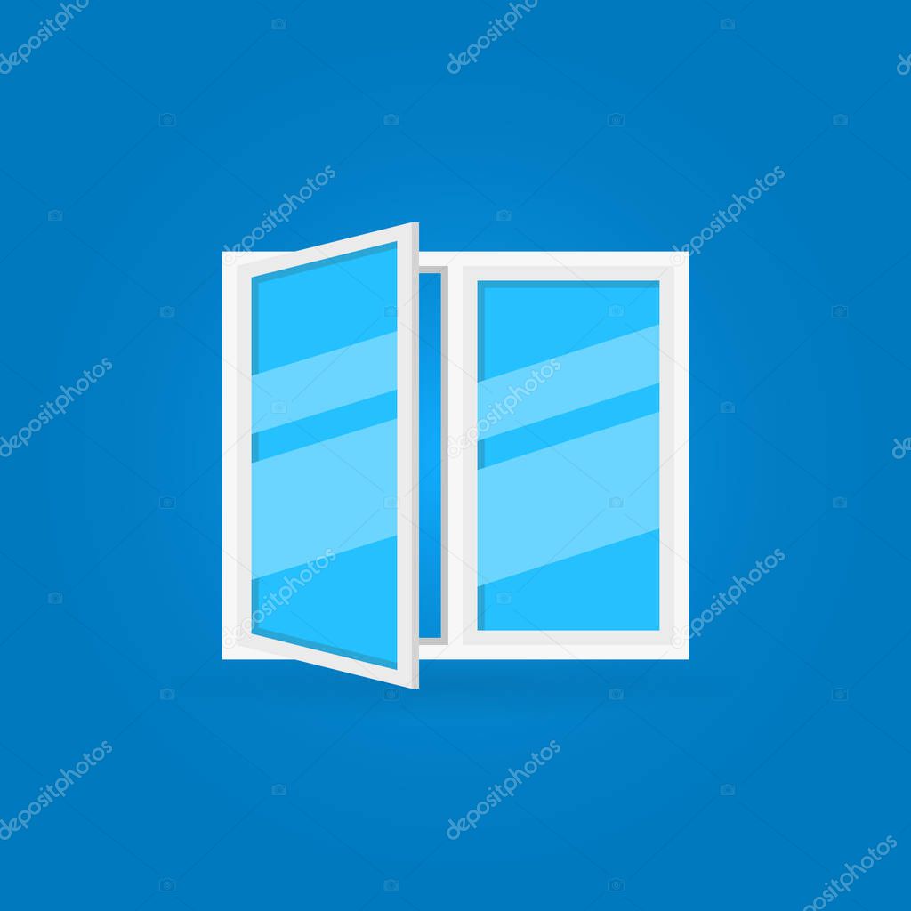 White open window with blue glass vector icon or symbol in flat style