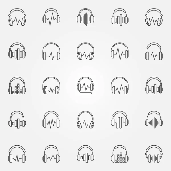 Headphones with sound wave vector outline icons set — Stock Vector