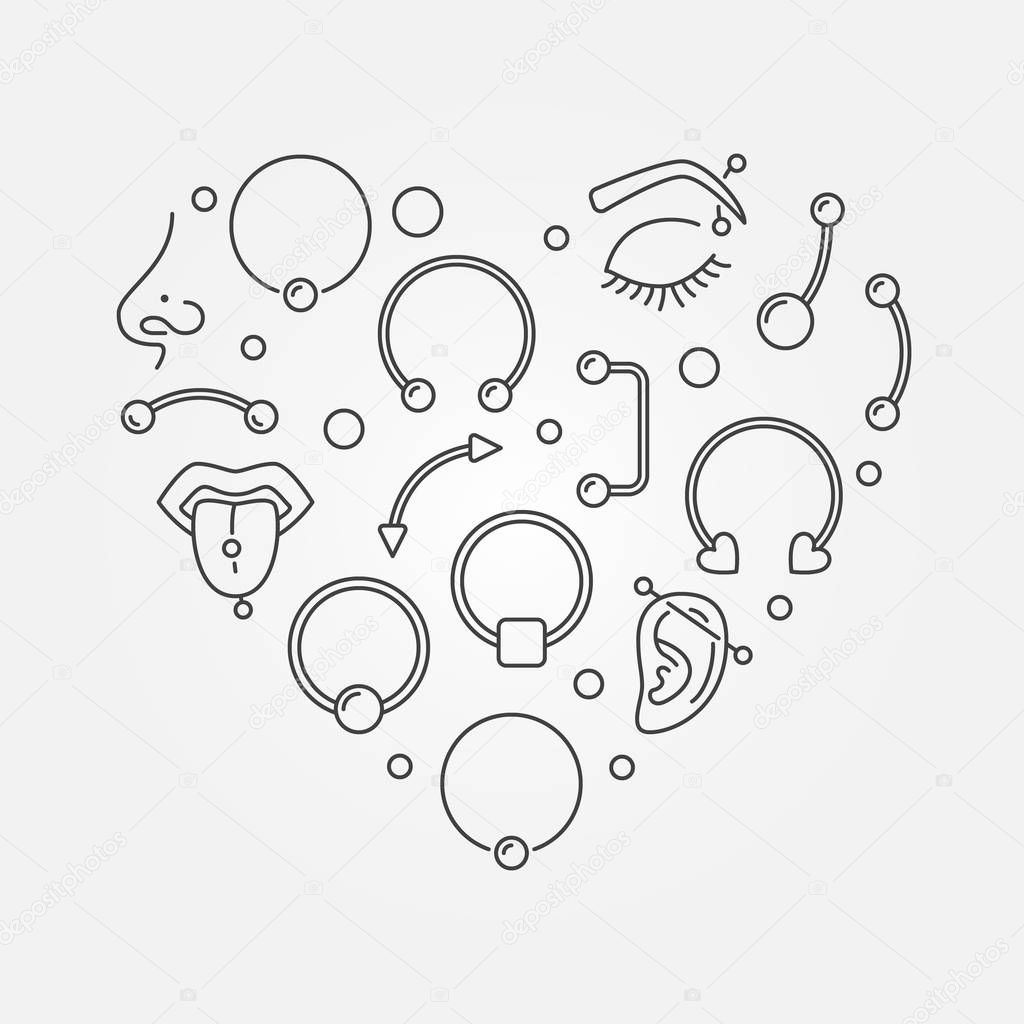 Heart shape made of body jewelry and piercing thin line icons
