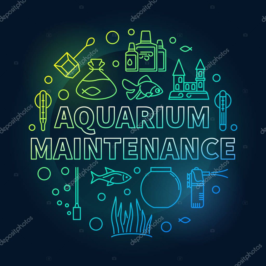Aquarium maintenance vector colored round illustration made of aquarium accessories, fish tank, castle, heater and tropical fish outline icons on dark background