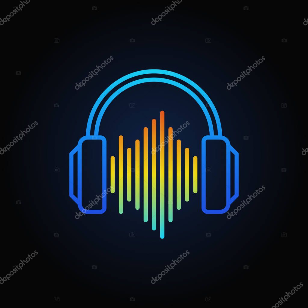 Blue Headphones with sound wave outline icon. Vector music concept linear sign on dark background