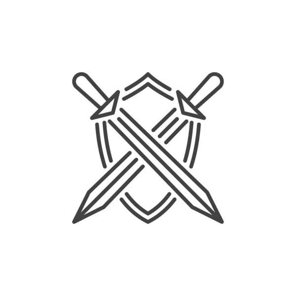 Skrzyżowane miecze z ikoną wektora tarczy w stylu cienkiej linii — Wektor stockowy