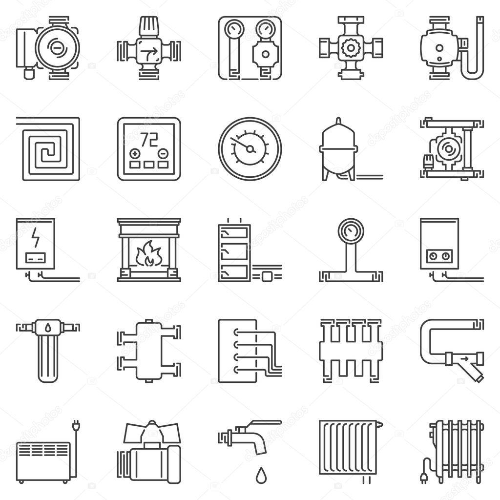 Heating and boiler room outline icons set. Vector heaters signs