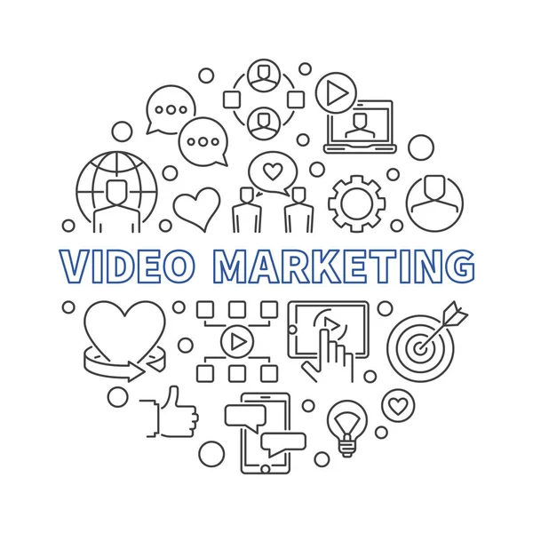 Video Marketing vektor kulatý koncept tenká čára ilustrace — Stockový vektor
