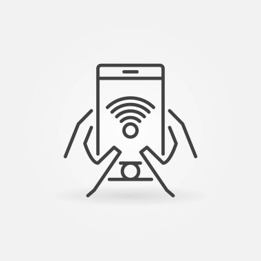 Hands with smartphone outline vector icon. Wi-Fi network