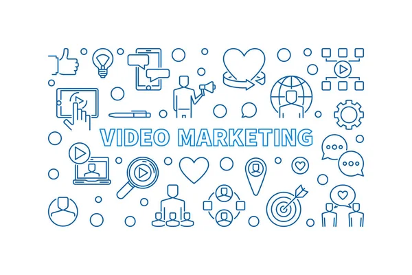 Videó Marketing tartalom vektor vékony vonal vízszintes illusztráció — Stock Vector