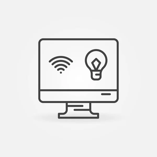 Monitor de ordenador con wi-fi y señales de bombilla icono de línea vectorial — Archivo Imágenes Vectoriales