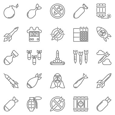 Missile and Air Bomb outline icons set - vector military symbols clipart