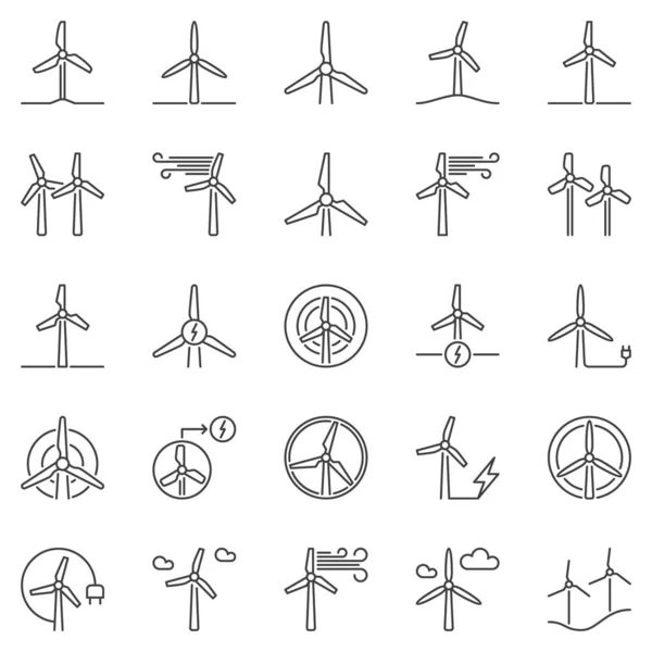 Conjunto de iconos de contorno de turbina de viento - símbolos de energía eólica vectorial — Vector de stock