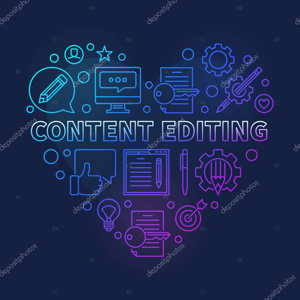 Content Editing vector concept colored linear heart illustration on dark background