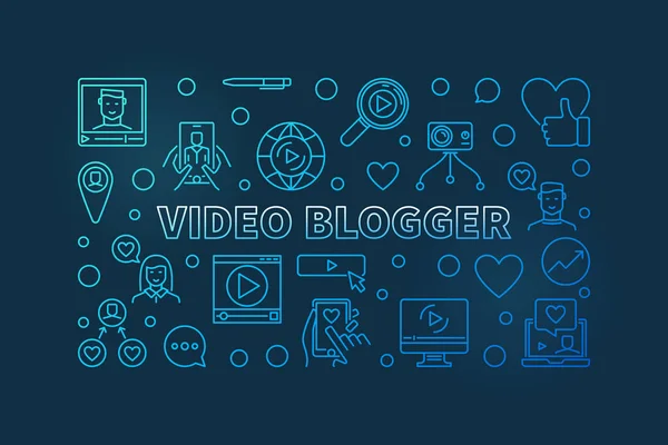 Video Blogger vector concept blue linear horizontal illustration — 스톡 벡터