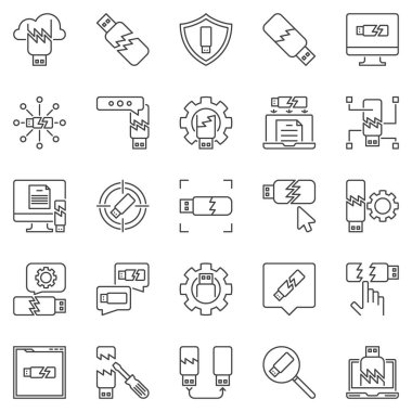 Hasarlı USB flash disk ana hatları simgeleri. Vektör USB simgeleri