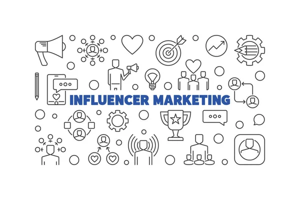 Influencer Marketing vector concept banner orizzontale a linea sottile — Vettoriale Stock