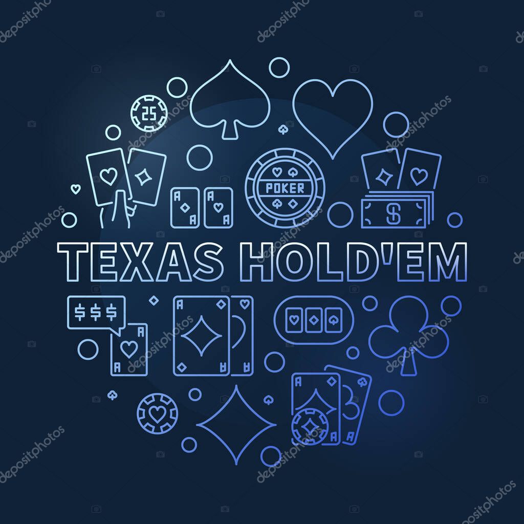 Vector Texas Holdem round blue illustration. Poker Card Game circular concept banner on dark background