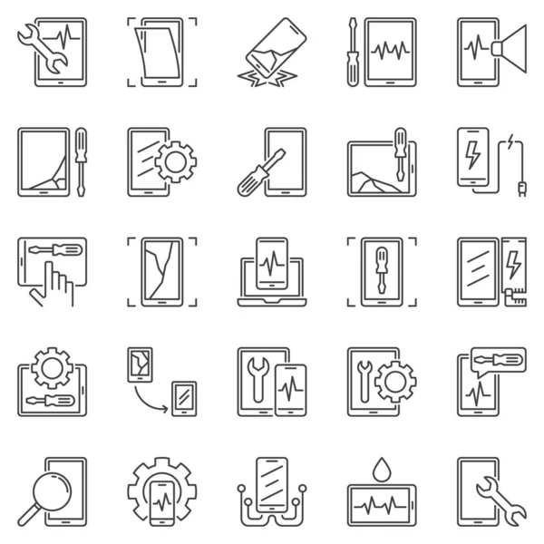 Conjunto de iconos de esquema de vector de concepto de reparación de teléfonos inteligentes y tabletas — Archivo Imágenes Vectoriales