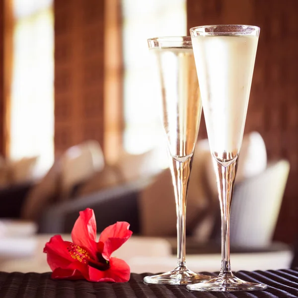 Dos copas de champán con flor roja en un salón de spa. Spa ti —  Fotos de Stock