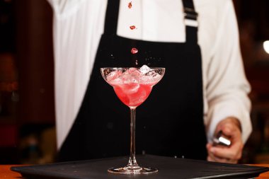 Bir gece kulübünde kokteyl yapımında barmen. Gece hayatı kavramı. Hayır 