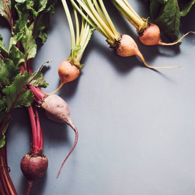 Gri arka plan üzerinde kırmızı ve altın pancar karışımı. Gıda arka plan. C