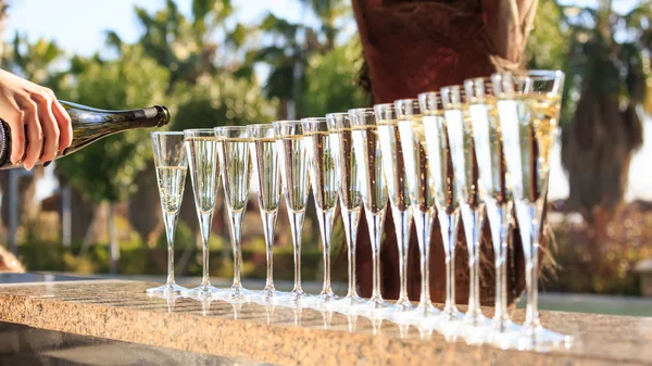 Vele glazen champagne of prosecco bij resort zwembad in een sfeervolle — Stockfoto