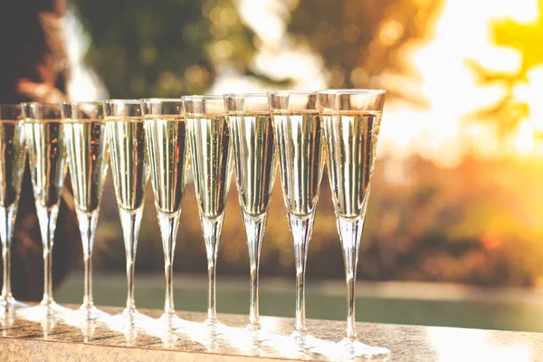 シャンパンまたはプロセッコ、luxu でリゾート プールの近くの多くのグラス — ストック写真