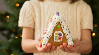 Noel ağacı arka plan ile bir zencefilli ev tutan kız