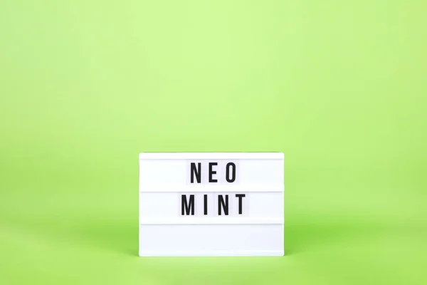 Caja de luz retro con texto Neo Mint en el moderno fondo verde brillante — Foto de Stock