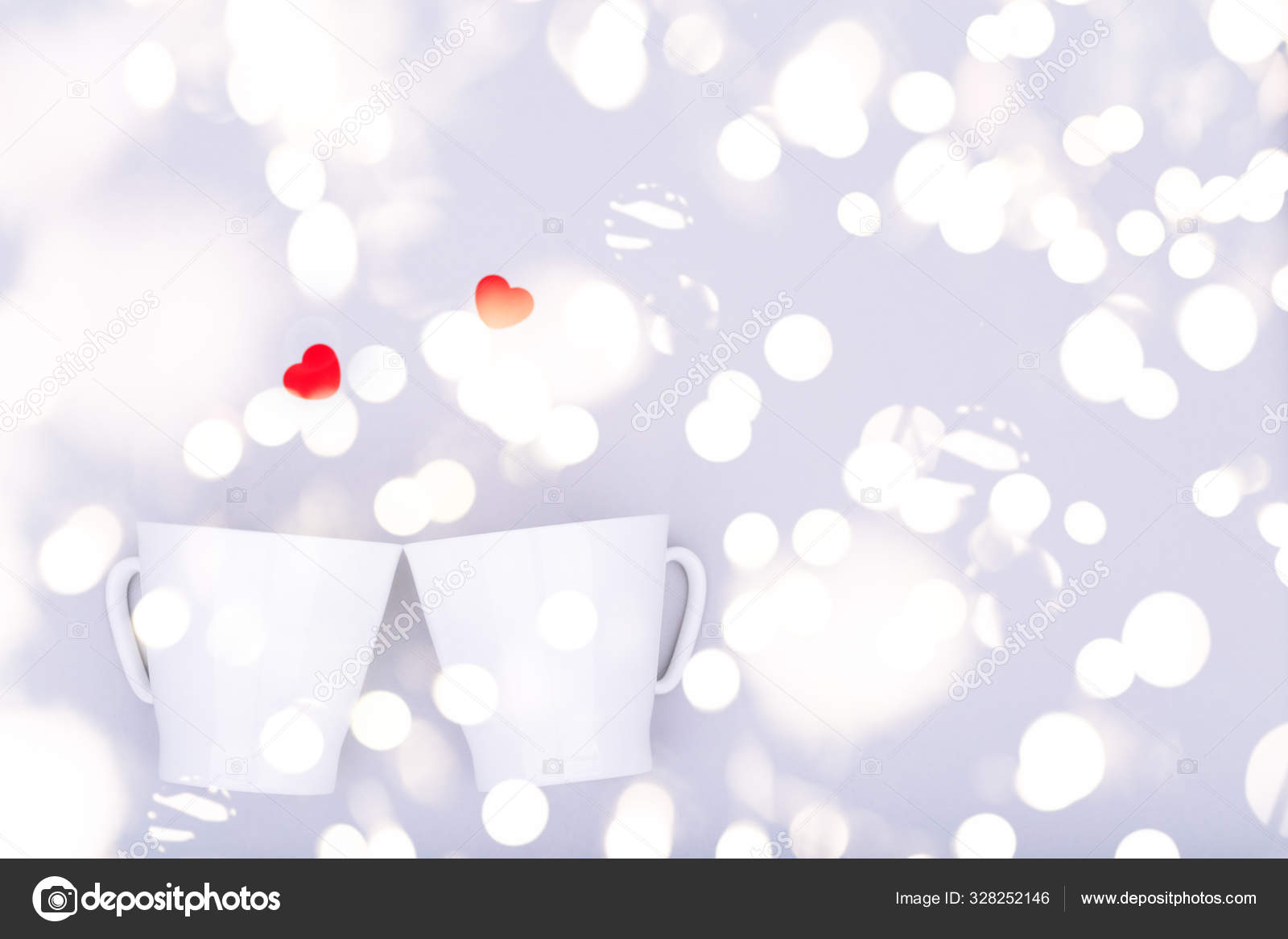 White China Mug With Glitter Heart Confetti Valentine Day Concept Trendy Minimalistic Flat Lay Design Background With Festive Bokeh Lights Stock Photo Image By C Emolchanova 328252146