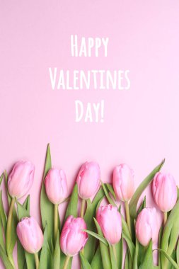 Pembe arka planda pembe lalelerle Sevgililer Günün kutlu olsun. Düz yerde, üst tarafta. Sevgililer Günü arkaplanı