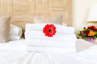 Red flower in fresh white towel pile in the upscale hotel room. Being alone, getaway, staycation, digital detox, trip, vacation concepts