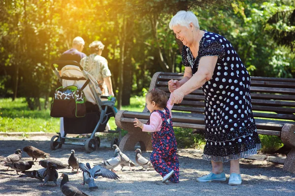 Бабушка и внучка прогуливаются по парку — стоковое фото