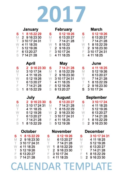 Calendrier de poche anglais pour 2017 — Image vectorielle