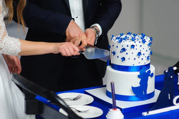 Noiva e noivo corte bolo de casamento — Fotografia de Stock