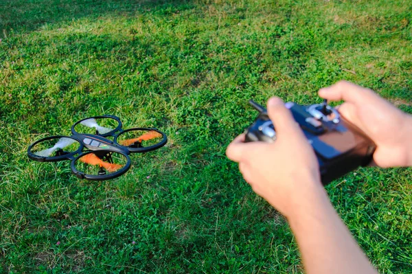 Remote controle of drone. Drone flying outdoor — Stock Photo, Image